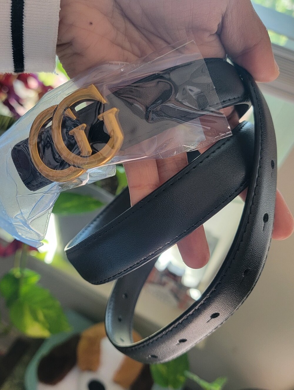 Classic Black Vegan Leather Belt with Gold Buckle